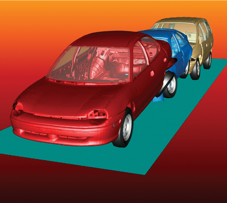 Finite element simulation of a three-car collision